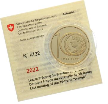 50 Franken 2022 100 Jahre letzte Prägung 10-Franken-Vreneli